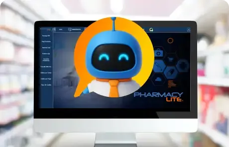 Pantalla de monitor mostrando interfaz de software con asistente virtual para punto de venta para farmacia