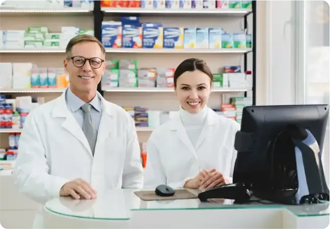 Dos farmacéuticos sonrientes en el mostrador equipado con una terminal de punto de venta para farmacia